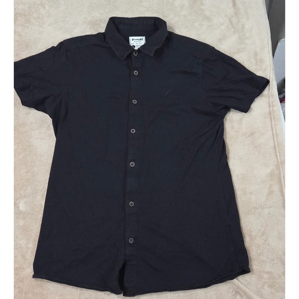 YoungLA Slim Fit Shirt Size Large Black  Button Up Cotton Short Sleeve Casual